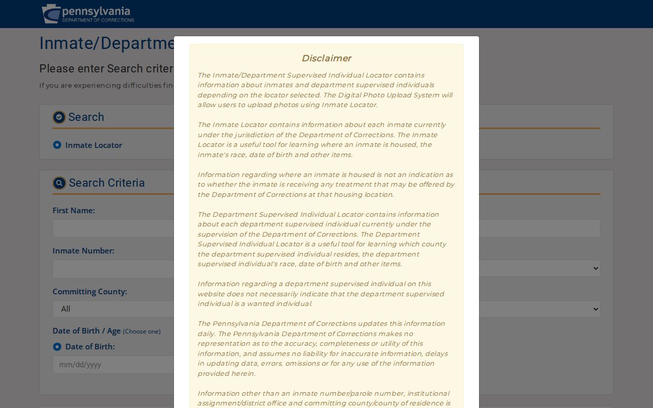 Pennsylvania DOC inmate and parolee locator for Juniata County custody records