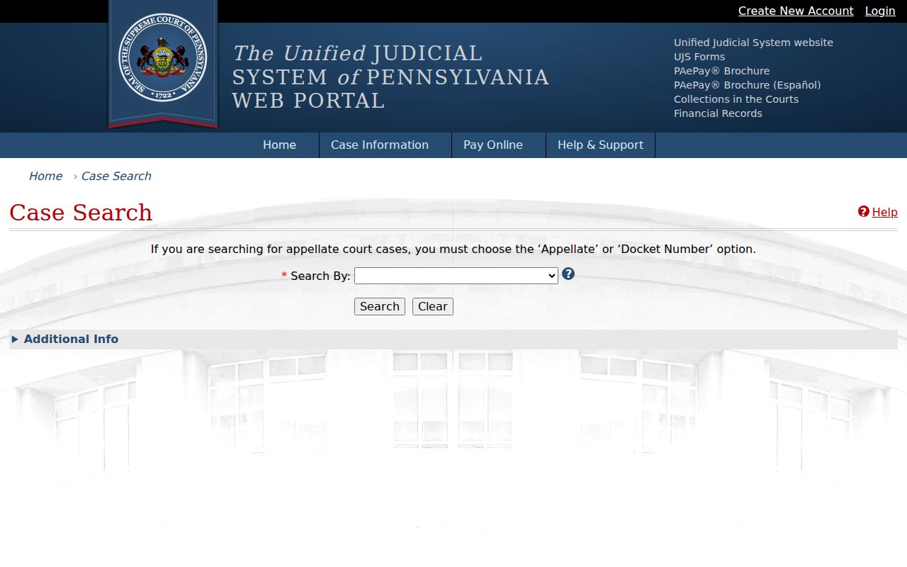 Juniata County criminal court case search on the Pennsylvania UJS portal
